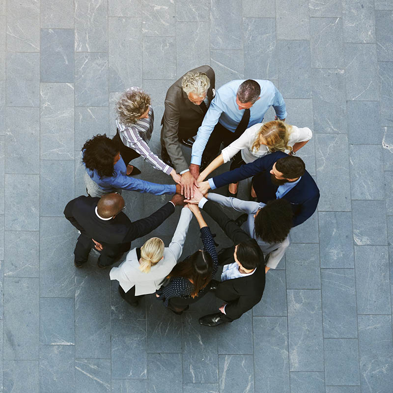 Multiracial business people having teambuilding with hands stacked From above black and white office working people having teambuilding in hall standing with hands stacked.
